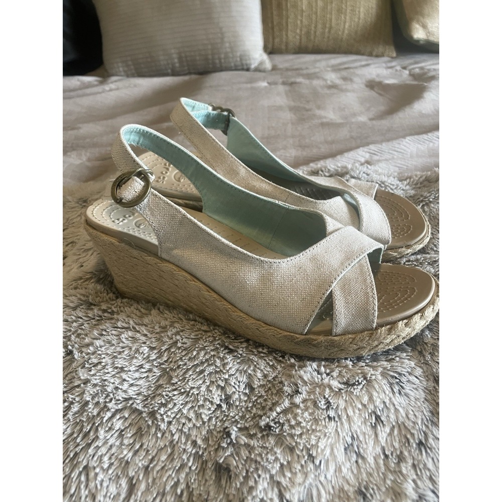 CROCS A Leigh Wedge Sandals Womens 10 Canvas Espadrille Comfort Shoes Heel